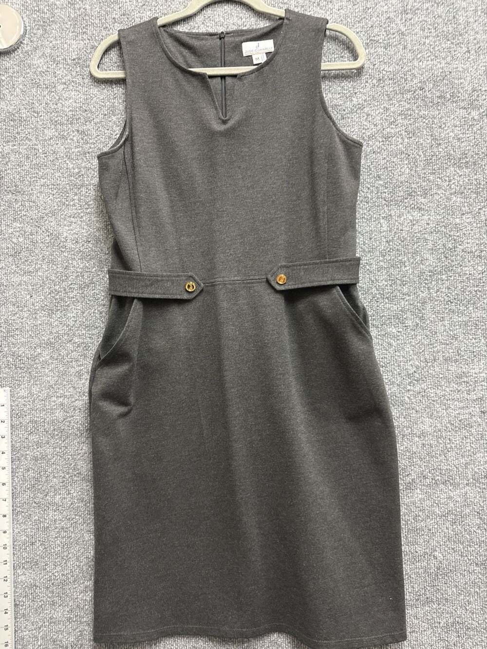 Jude Connally Grey Sleeveless Jude Cloth Sheath Dress with Gold Button Tabs